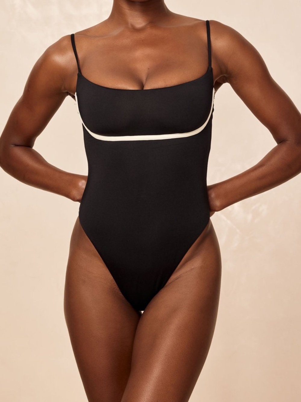 Monday Swimwear Black One-Piece Swimsuit with Cream Trim in Small